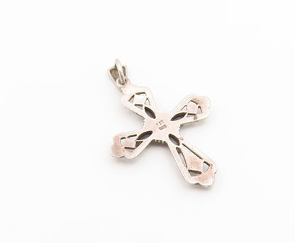 925 Sterling Silver Vintage Pendant Multi Gemstone Religious Cross Charm PT26562