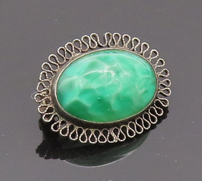 925 Sterling Silver Vintage Brooch Pin Cabochon Turquoise Halo Swirls  BP10711