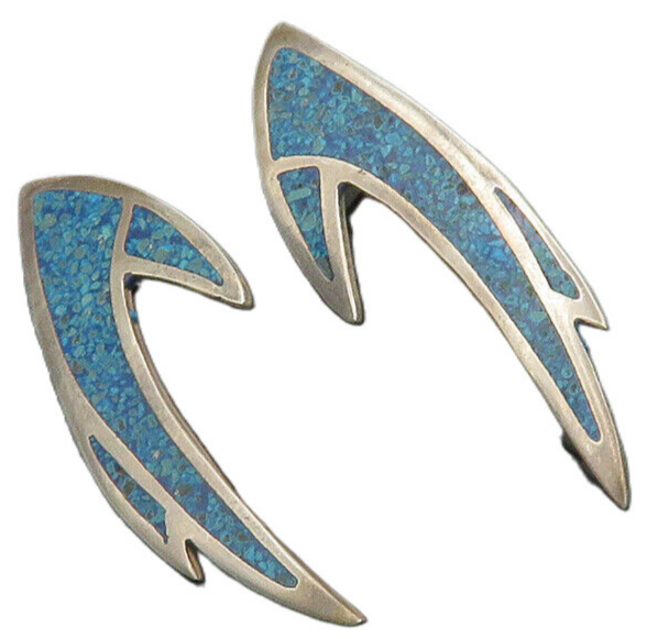 MEXICO 925 Silver  Vintage Inlaid Crushed Turquoise Dangle Earrings  EG10022