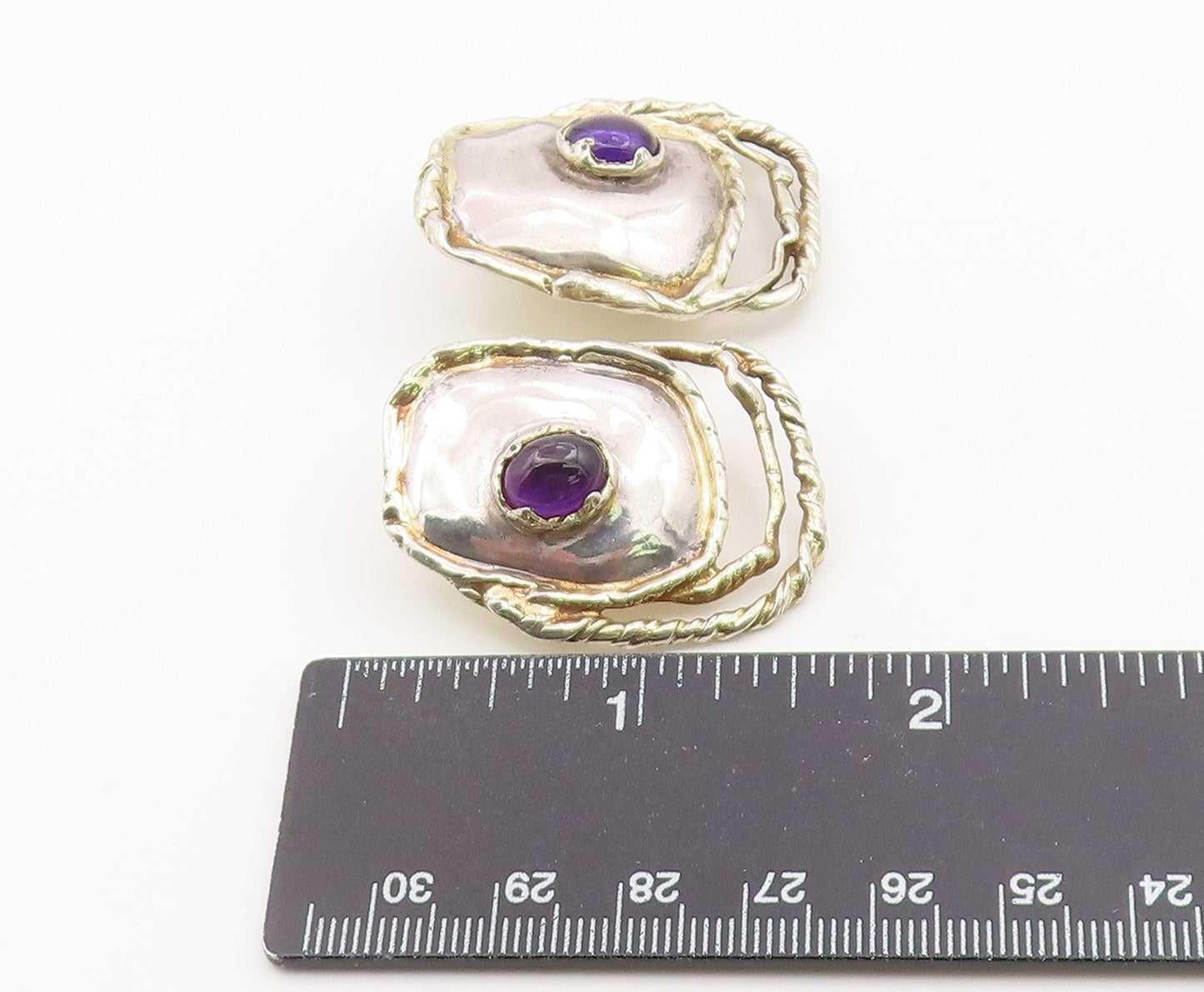 925 Sterling Silver Vintage Earrings Modernist Amethyst Twisted Cable  EG14437