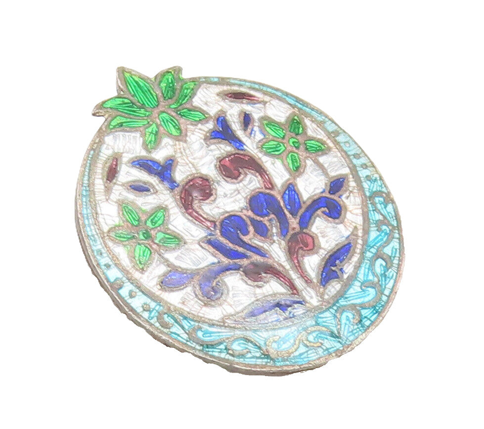 925 Sterling Silver  Vintage Enamel Painted Plant Round Pendant  PT22391