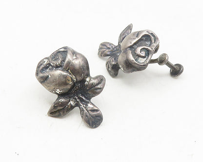 925 Sterling Silver  Vintage Oxidized Rose Flower Non Pierce Earrings  EG5518