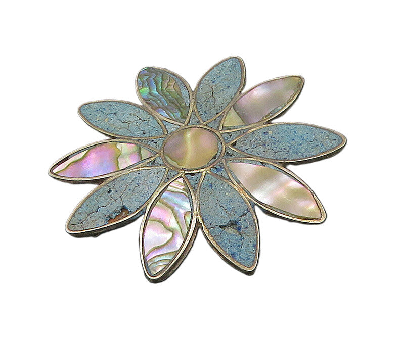 MEXICO 925 Silver  Vintage Abalone Shell & Turquoise Flower Brooch Pin  BP7119