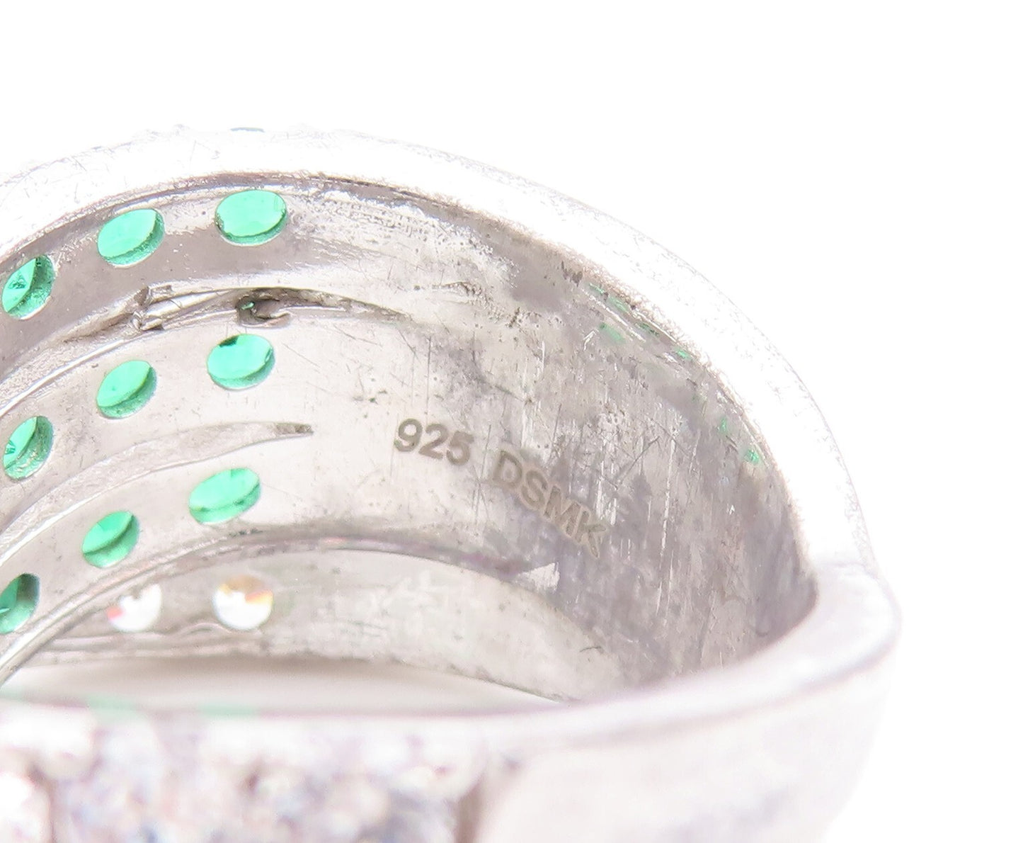 925 Sterling Silver Vintage Ring Designer Green & White CZ Bands  Sz 7  RG29593