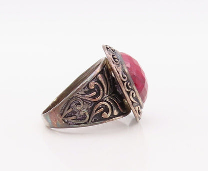 925 Sterling Silver Vintage Ring Dark Tone Swirly Carved Red Gem  Sz 10  RG30290