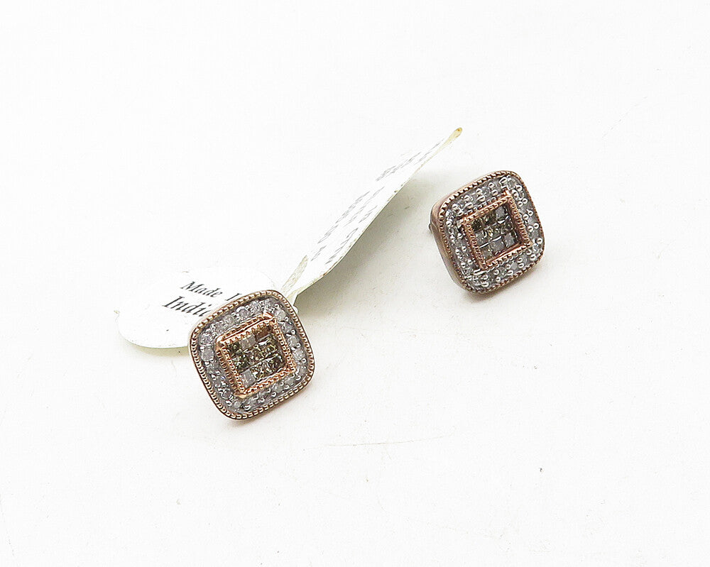 925 Sterling Silver & 10K GOLD  Genuine Diamonds Square Stud Earrings  EG5361