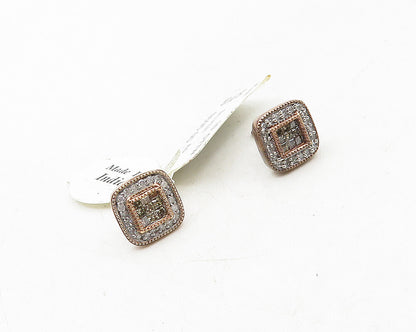 925 Sterling Silver & 10K GOLD  Genuine Diamonds Square Stud Earrings  EG5361