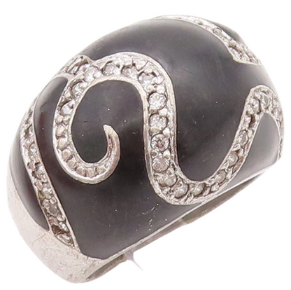 925 Sterling Silver Vintage Ring Large Onyx With Topaz Band Design  Sz 8 RG28879