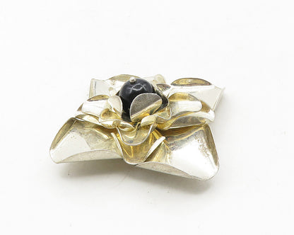 MEXICO 925 Sterling Silver  Vintage Black Onyx Shiny Flower Brooch Pin  BP4080
