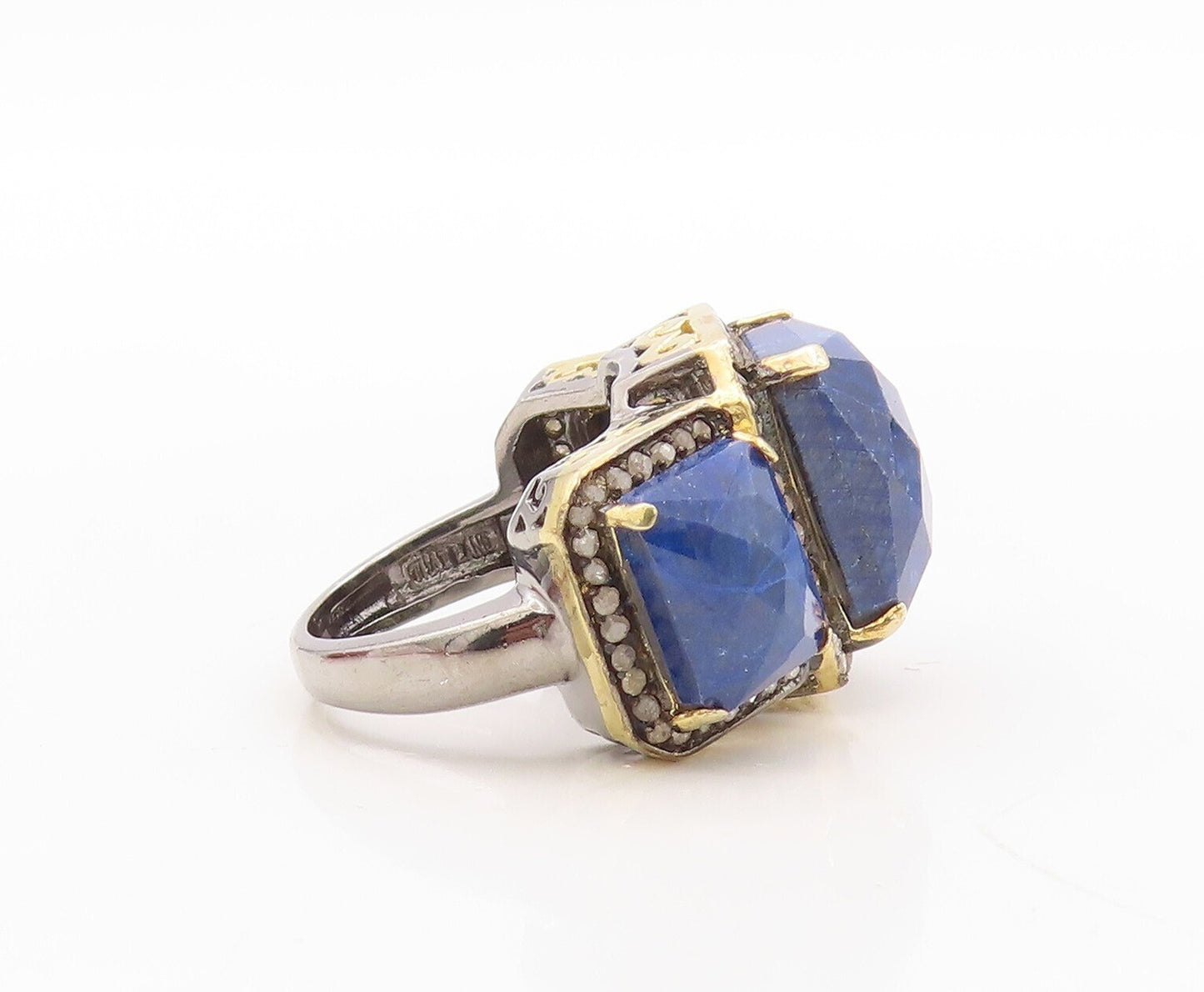 925 Sterling Silver Vintage Ring Diamonds & Rectangle Cut Gemstone Sz 7  RG30888