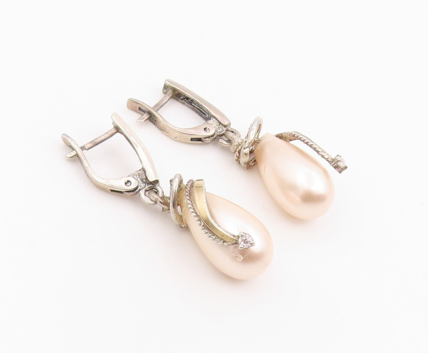 14k Gold & 925 Sterling Silver Vintage Earrings Pink Pearl & CZ Drop  EG14220