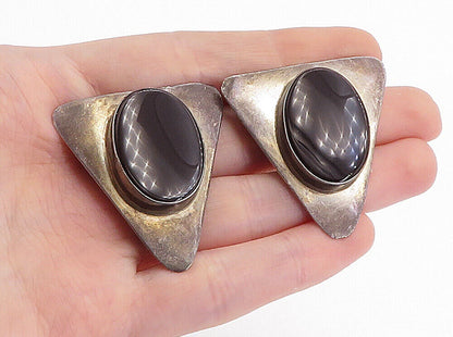 925 Sterling Silver  Vintage Black Onyx Triangle Non Pierce Earrings  EG2666