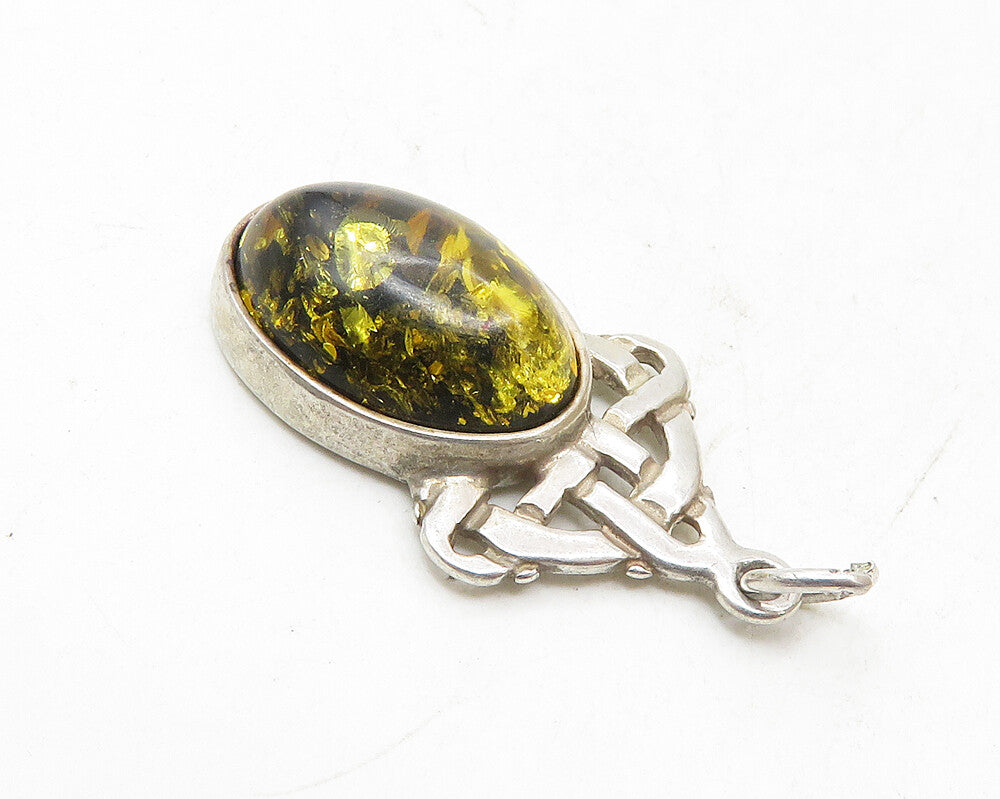 925 Sterling Silver  Vintage Cabochon Cut Amber Knotted Drop Pendant  PT7593