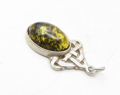 925 Sterling Silver  Vintage Cabochon Cut Amber Knotted Drop Pendant  PT7593