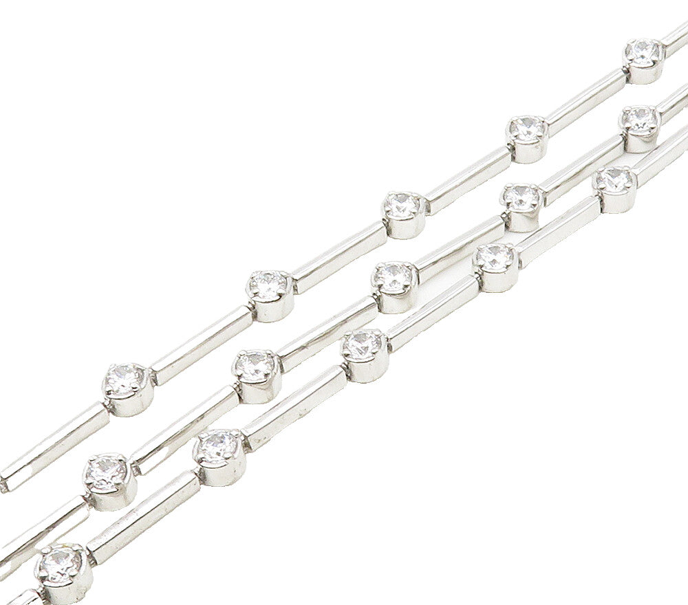 925 Sterling Silver  Shiny Cubic Zirconia Bar Link Chain Bracelet  BT6466
