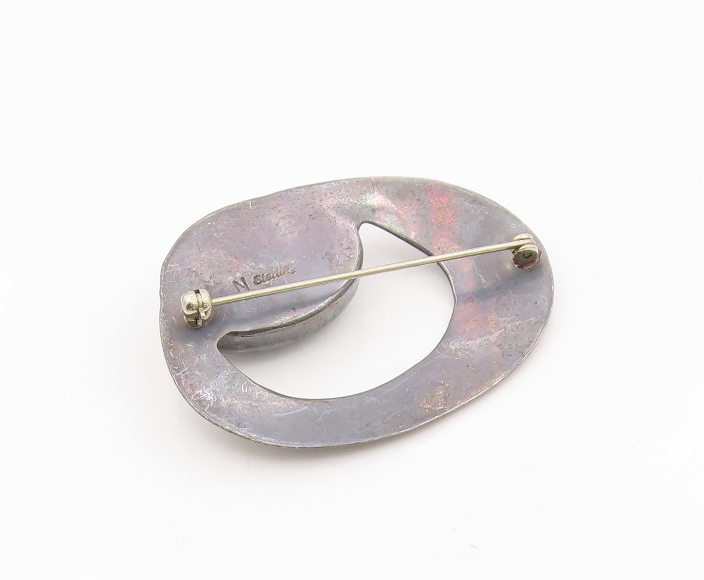 925 Sterling Silver Vintage Brooch Oval Hematite Modernist Geometric Pin BP12145