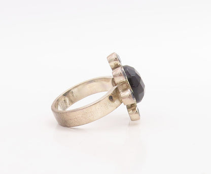 925 Sterling Silver Vintage Ring Solid Cutout Onyx Inlay Flower  Sz 7  RG30732