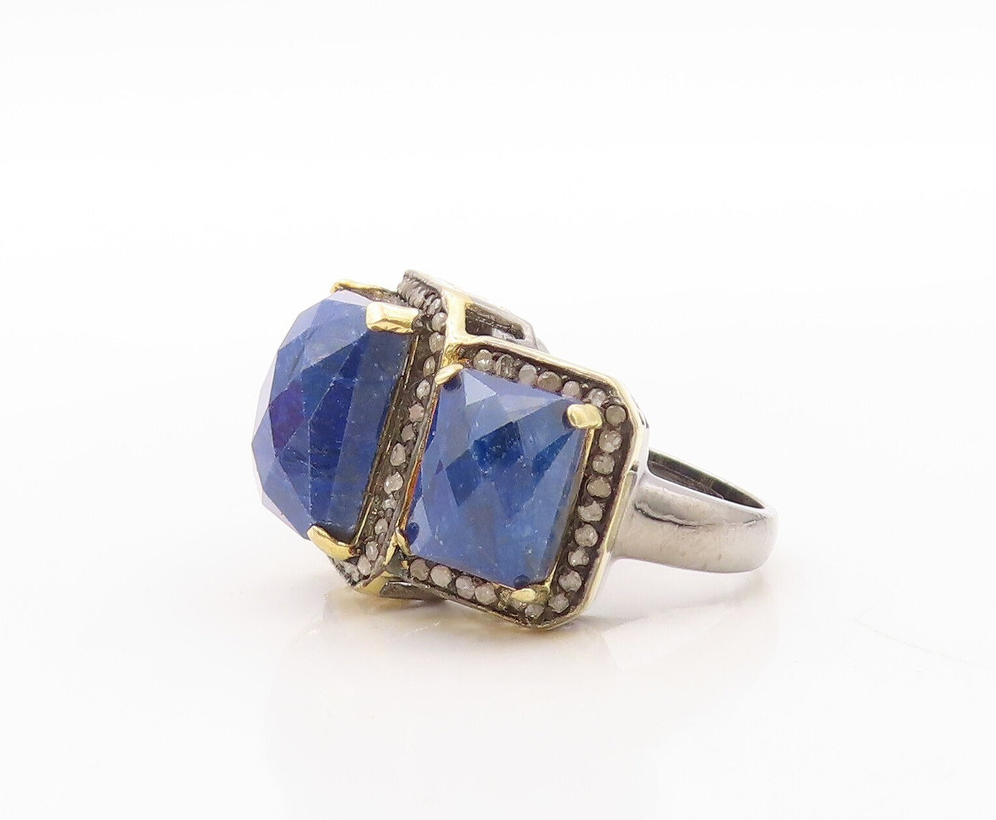 925 Sterling Silver Vintage Ring Diamonds & Rectangle Cut Gemstone Sz 7  RG30888