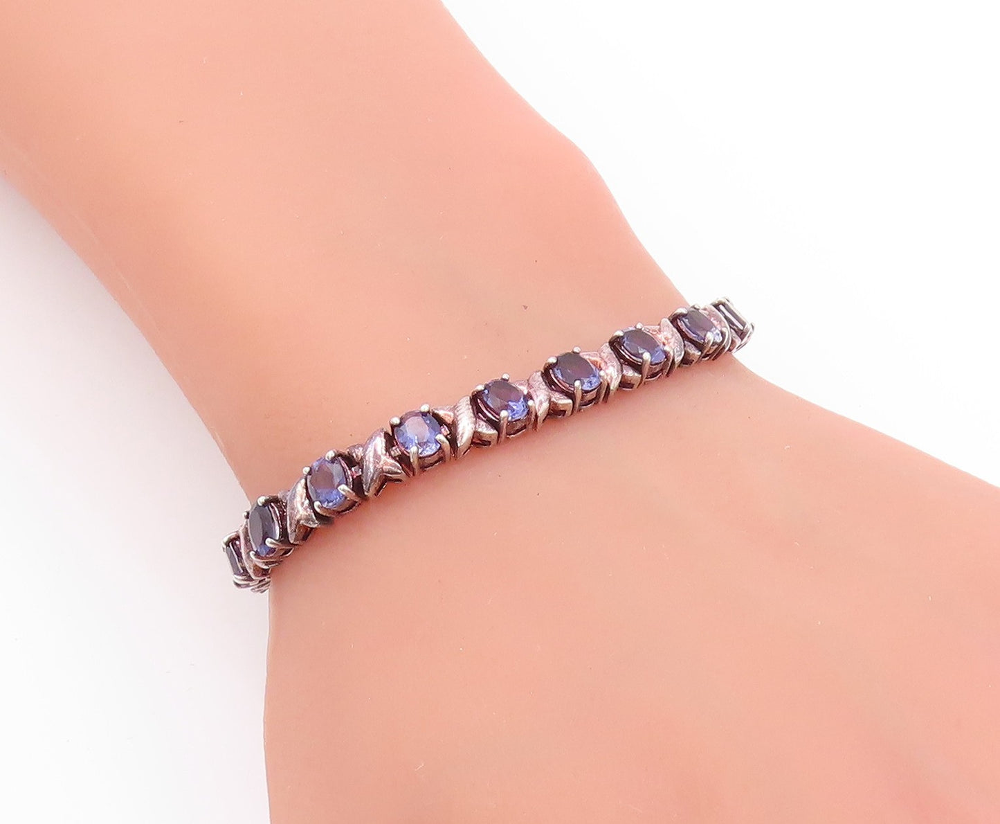 925 Sterling Silver Vintage Bracelet Oval Cut  Amethyst X Carved Links BT11254