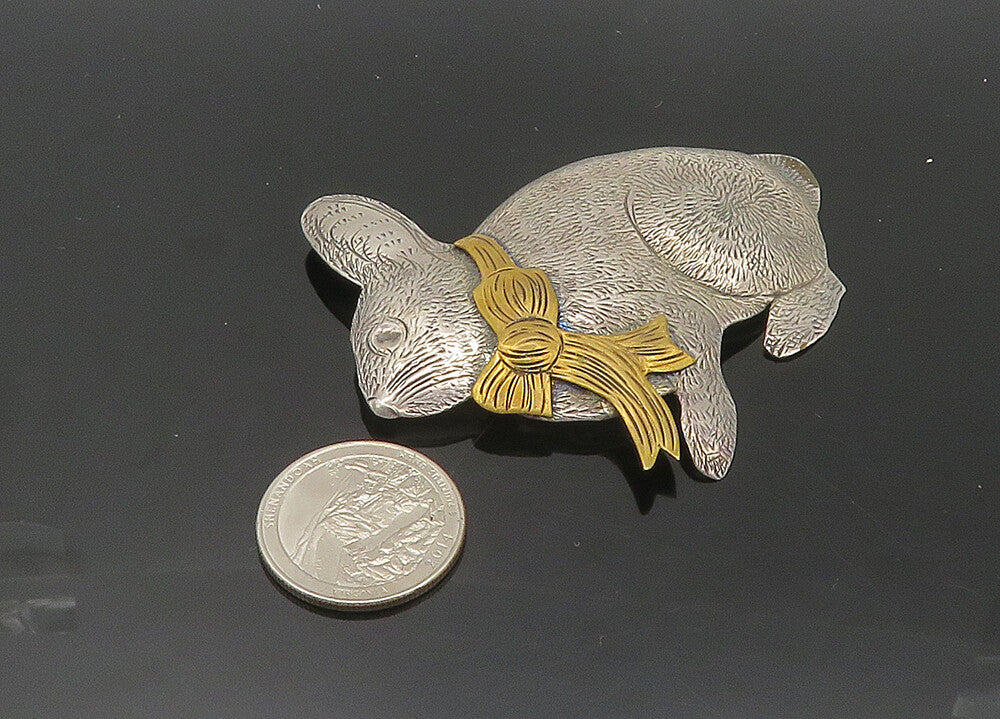925 Sterling Silver  Vintage Two Tone Etched Rabbit Motif Brooch Pin  BP8216