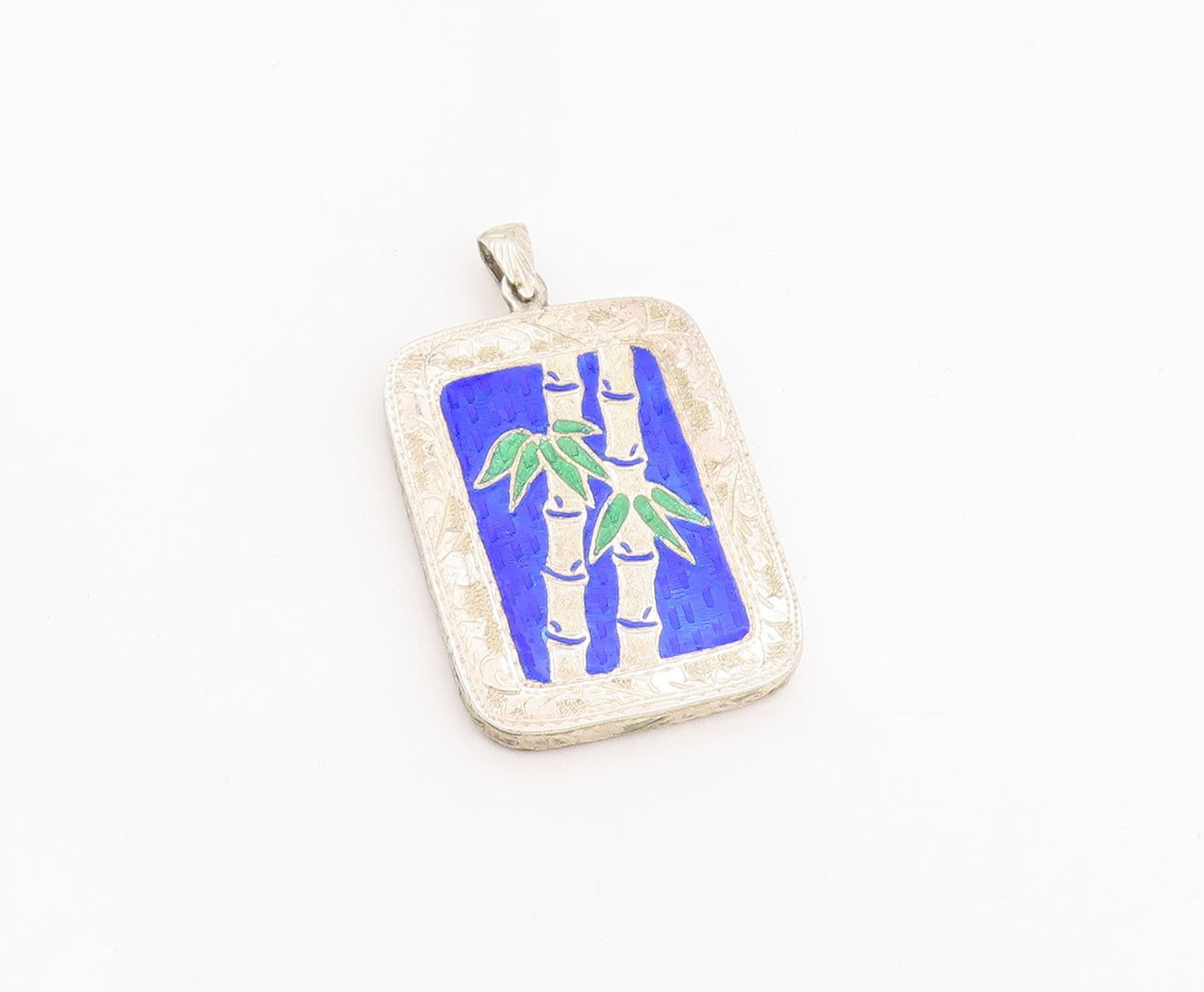 925 Sterling Silver Vintage Pendant Blue Enameled Bamboo Medallion  PT25187
