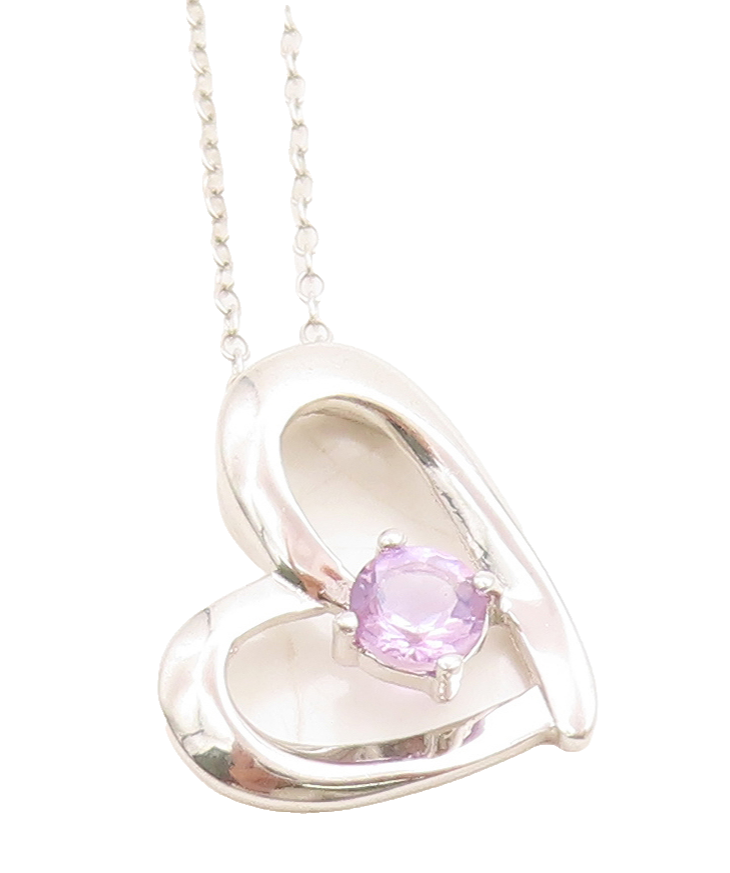 925 Sterling Silver  Prong Set Amethyst Open Love Heart Chain Necklace  NE2054