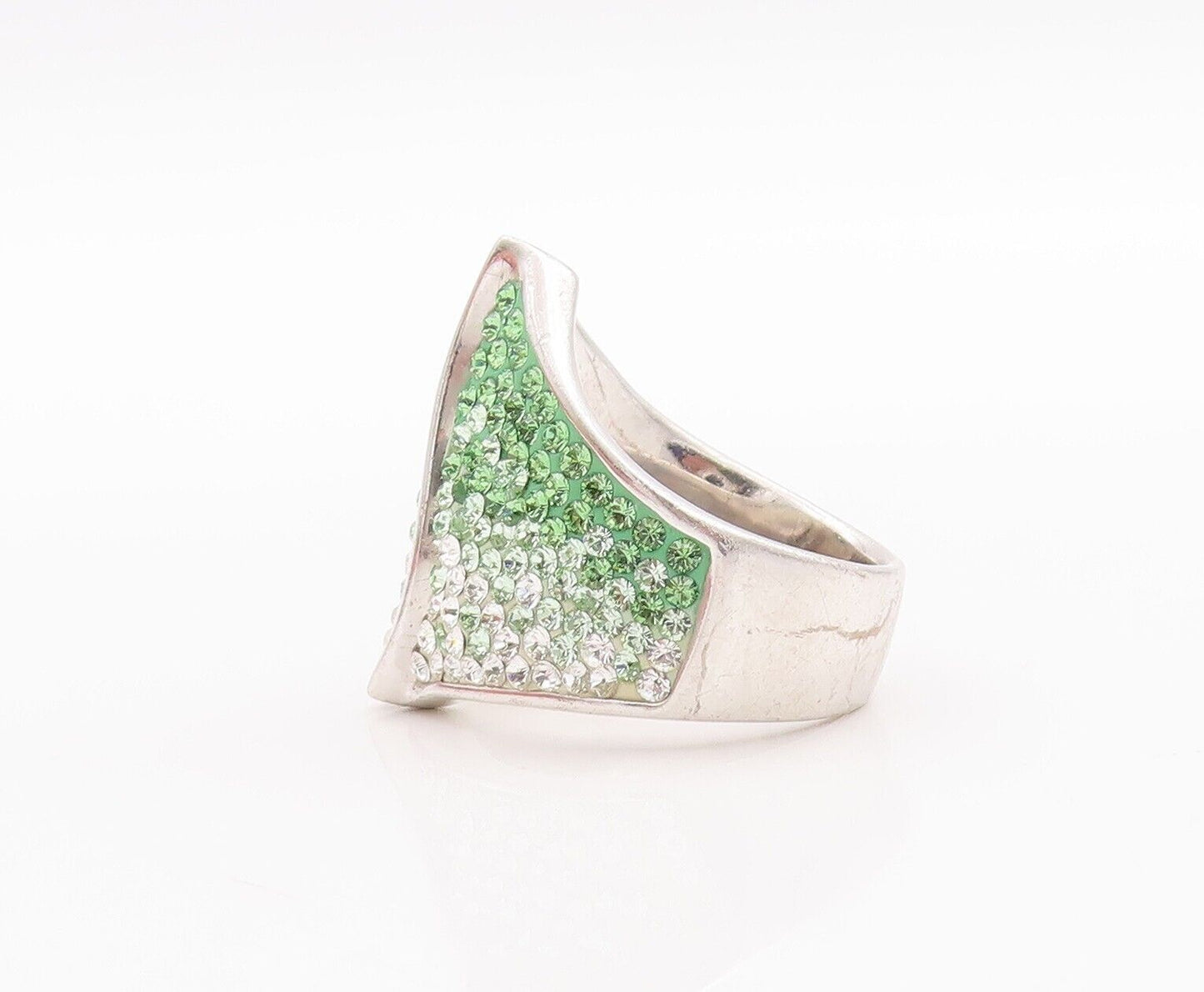 925 Sterling Silver Vintage Ring Green Rhinestone Inlay Sz 6.5 RG28618