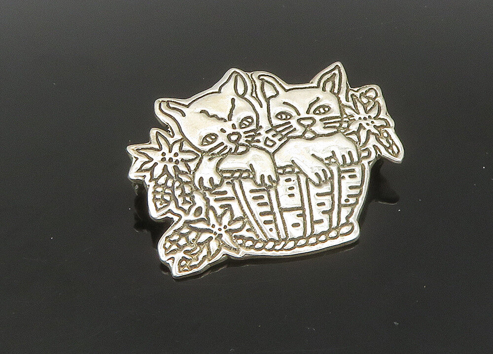 MEXICO 925 Sterling Silver  Vintage Kittens In A Basket Brooch Pin  BP8906