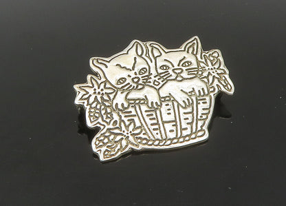 MEXICO 925 Sterling Silver  Vintage Kittens In A Basket Brooch Pin  BP8906