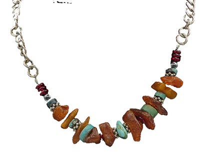 925 Sterling Silver  Vintage Garnet Amber & Turquoise Necklace  NE3831