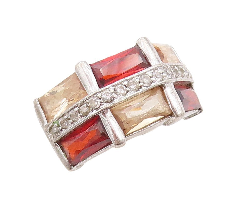 925 Sterling Silver Vintage Ring Rectangle Three Tone Topaz Inlay  Sz 7  RG31416