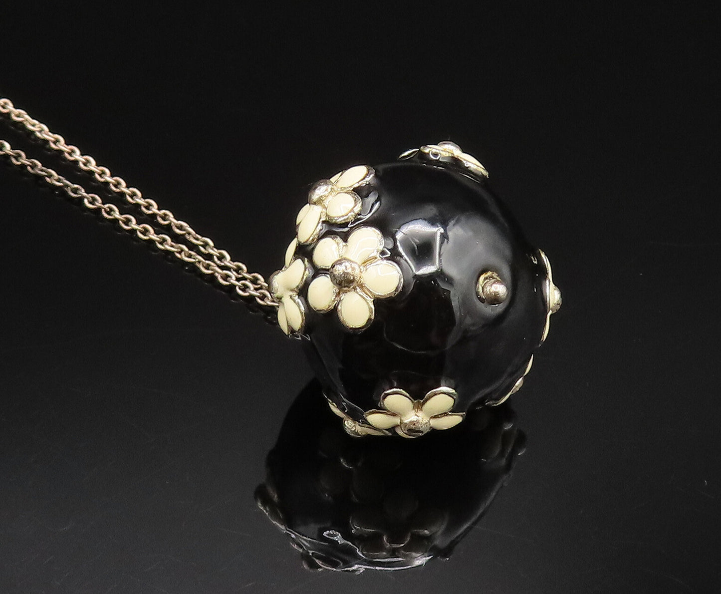 DESIGNER 925 Silver  Vintage Enamel Flowers & Sphere Chain Necklace  NE3972