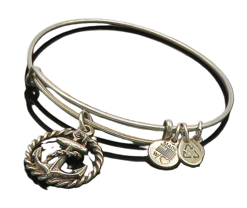 ALEX & ANI 925 Silver  Vintage Ship Anchor Charmed Bangle Bracelet  BT6117