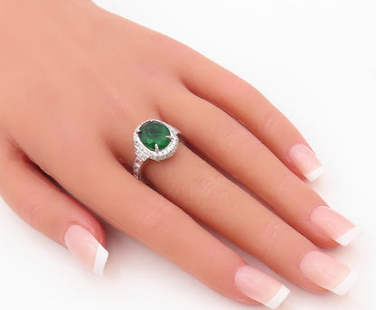 925 Sterling Silver Vintage Ring Oval Cut Green Halo White CZ  Sz 7 RG30514