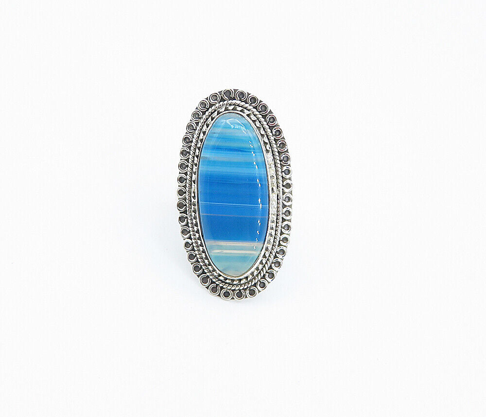 925 Sterling Silver  Blue Agate Shiny Circle Border Cocktail Ring Sz 10 RG8428