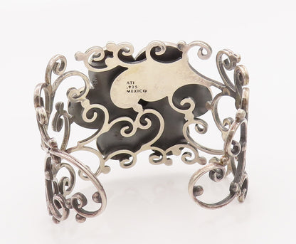 925 Sterling Silver Vintage Bracelet MEXICO Swirly Turquoise Flower Cut  BT10183