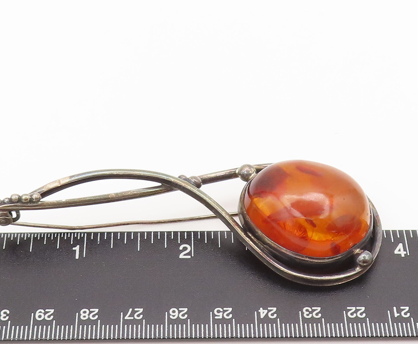 POLAND 925 Sterling Silver  Vintage Designer Large Amber Brooch Pin  BP10512