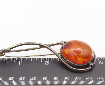 POLAND 925 Sterling Silver  Vintage Designer Large Amber Brooch Pin  BP10512