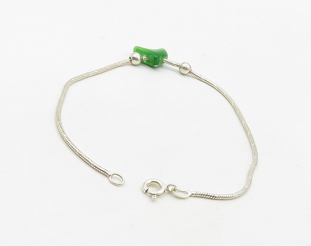925 Sterling Silver  Green Stone Dolphin Charmed Snake Chain Bracelet  BT6363