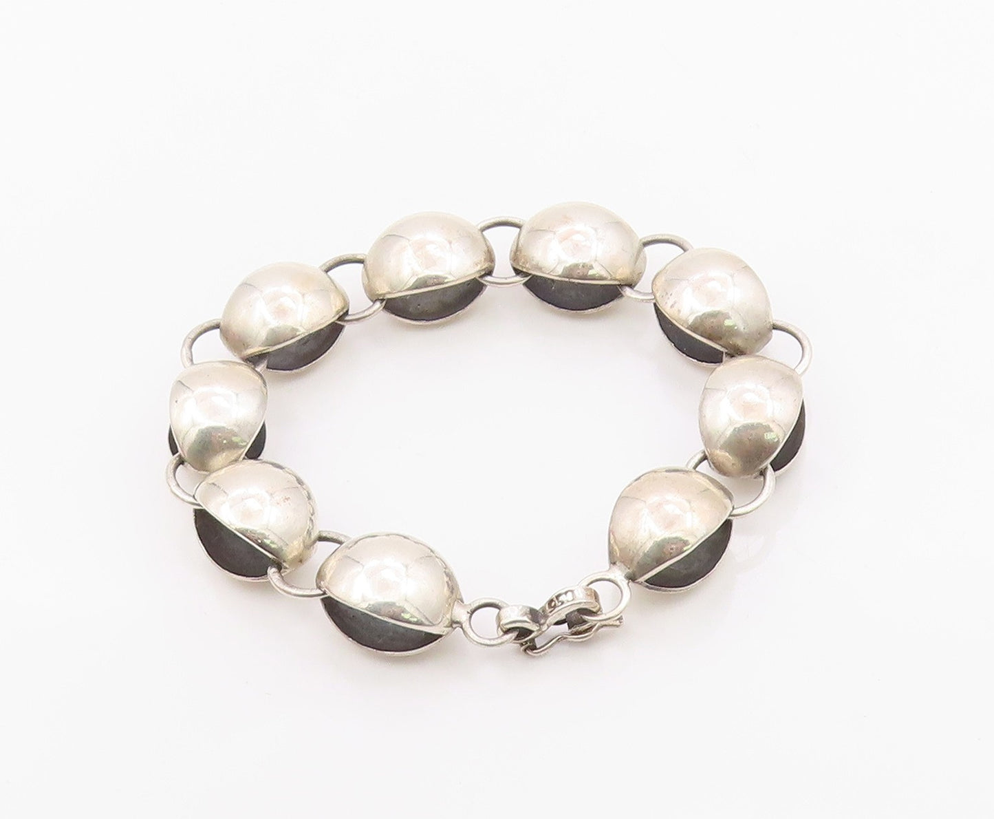 925 Sterling Silver Vintage Bracelet Chunky Puffy Sculptural Bead Link  BT12141