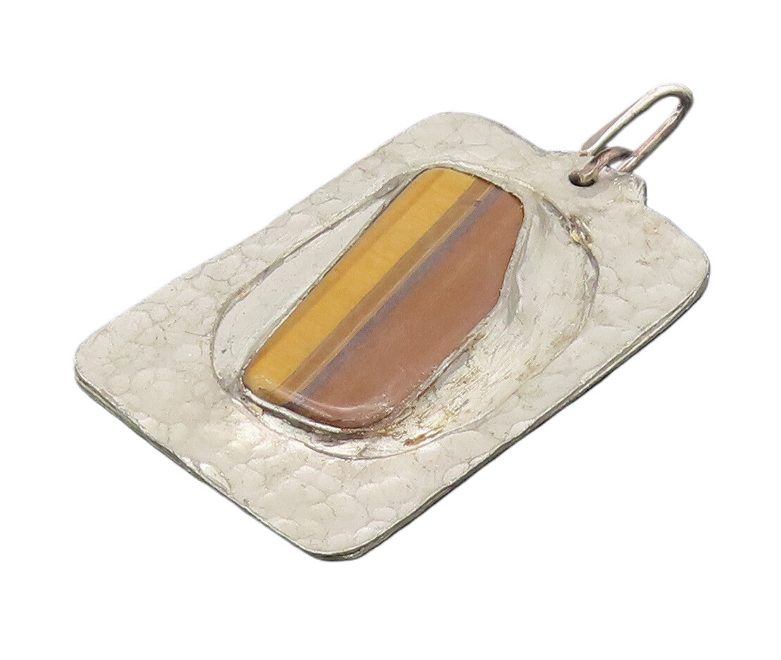 FELICE 925 Silver  Vintage Hammered Modernist Tiger's Eye Pendant  PT22224