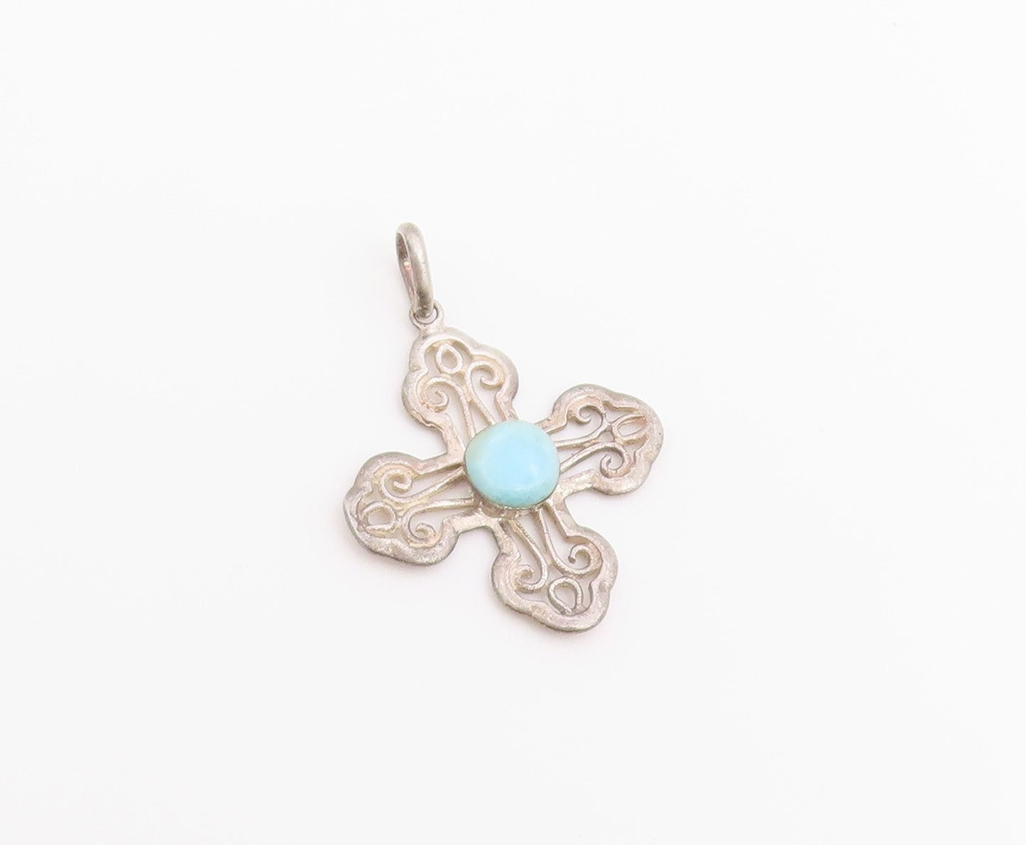 925 Sterling Silver Vintage Pendant Larimar Scrollwork Religious Cross  PT26523