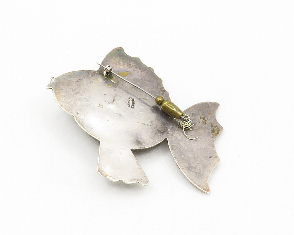 MEXICO 925 Sterling Silver  Vintage Antique Jasper Fish Brooch Pin  BP5217