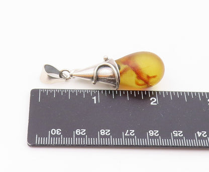 925 Sterling Silver  Vintage Cone Wrapped Baltic Amber Drop Pendant  PT21517