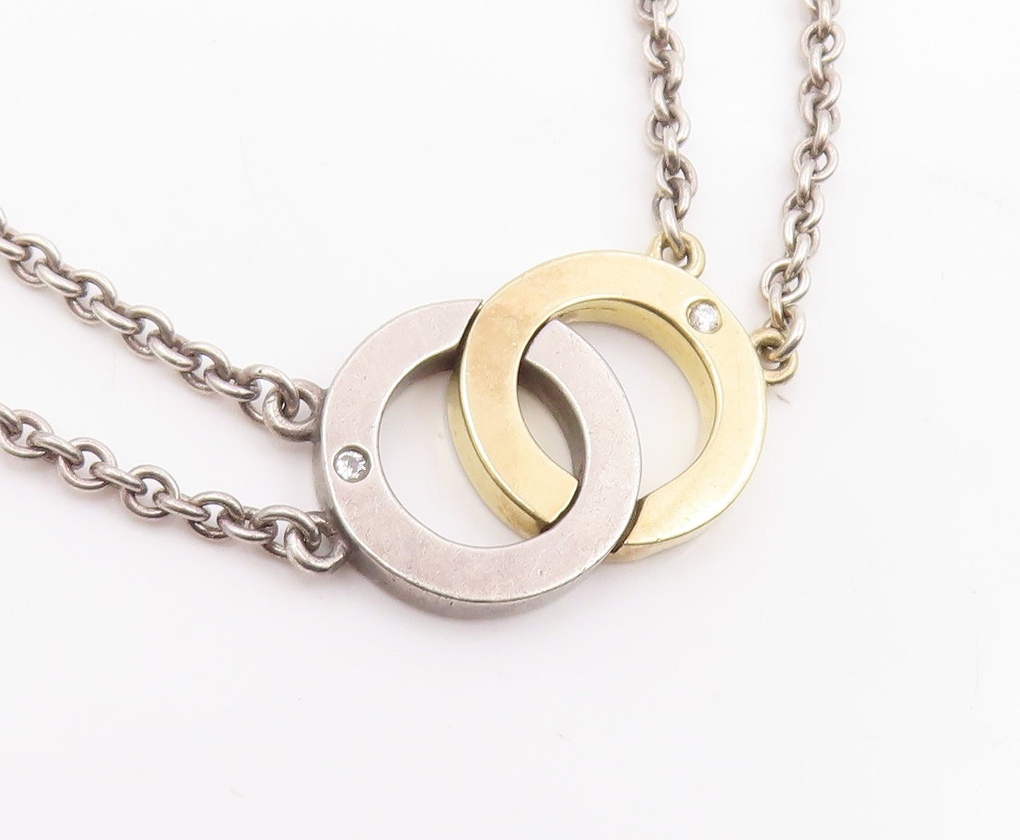 18k Gold & 925 Sterling Silver Vintage Necklace Real Diamonds Circle  NE4834
