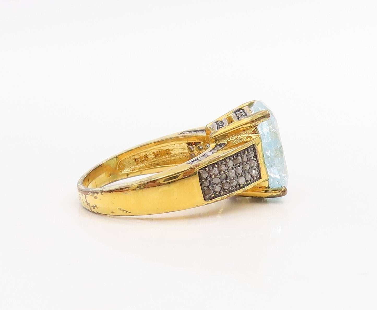 925 Sterling Silver Vintage Ring Gold Plated Diamonds Blue Topaz Sz 8.5 RG30957