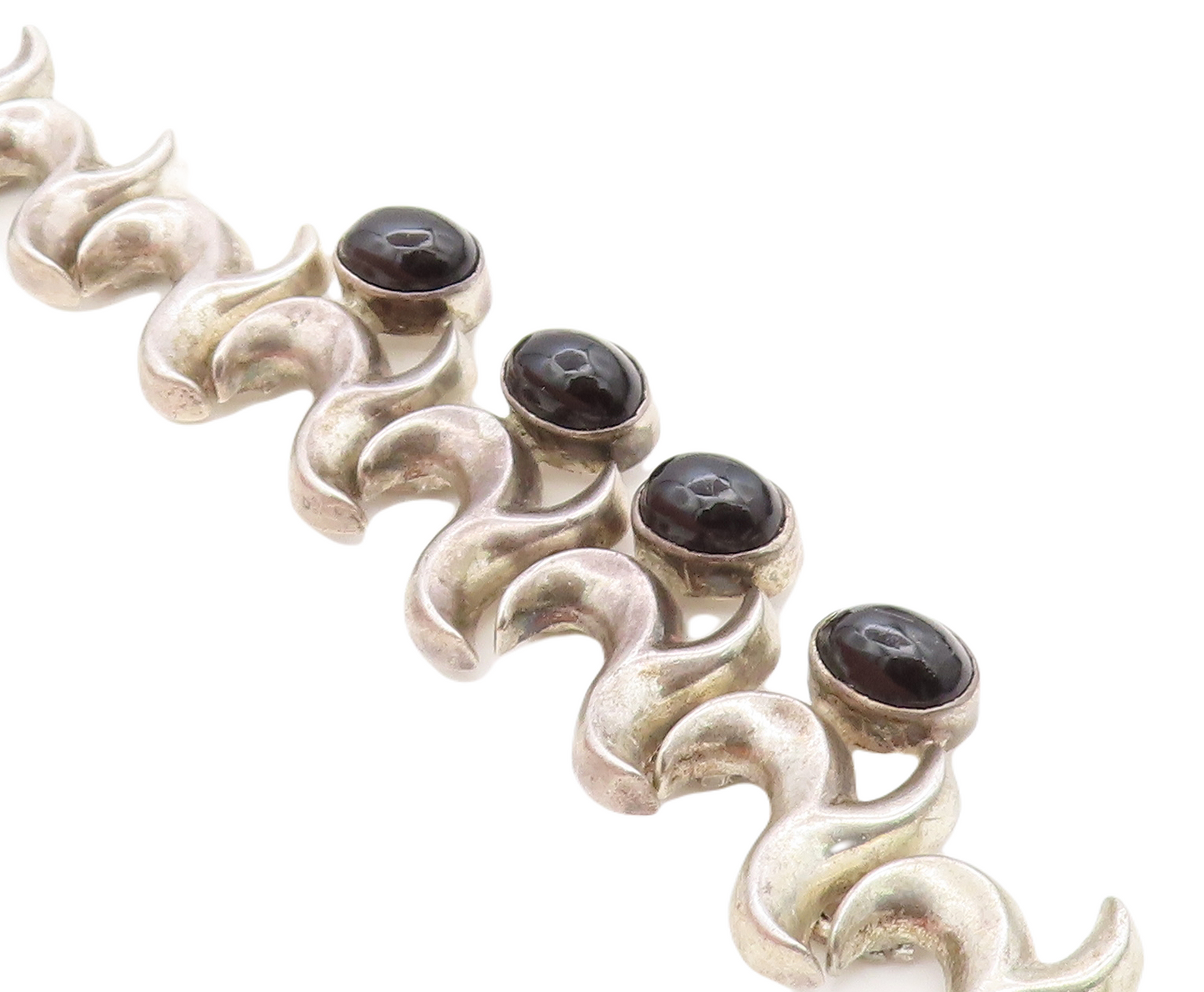 MEXICO 925 Sterling Silver Vintage Black Onyx Swirl Chain Bracelet  BT2816