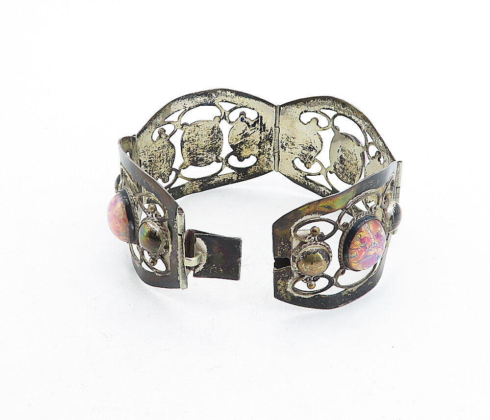 MEXICO 925 Sterling Silver Vintage Dragon's Breath Glass Chain Bracelet BT1893