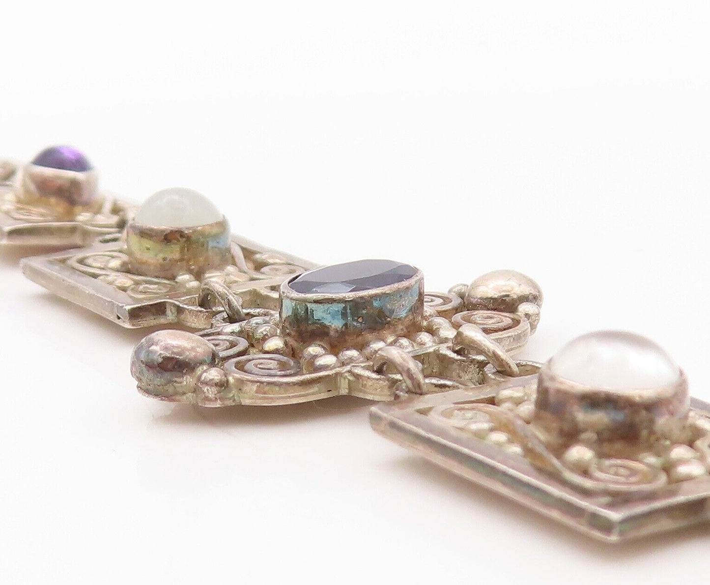 925 Sterling Silver Vintage Bracelet Antique Swirly Carved Gemstones  BT10804