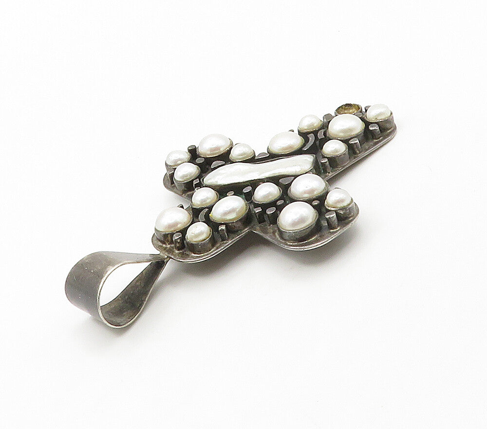 DTR JAY KING 925 Silver  Vintage Shiny Pearls Religious Cross Pendant  PT12590